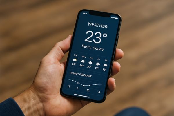 Aplicativo de previsão do tempo exibindo informações na tela do celular