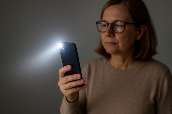 Usuária ativando a lanterna pelo atalho rápido do celular