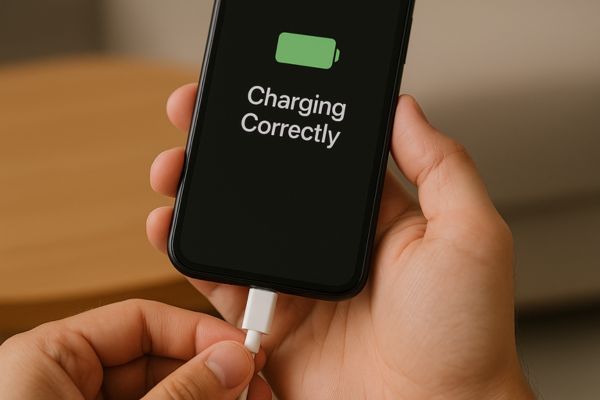 Carregar o celular de forma correta Celular sendo carregado com cabo original em ambiente doméstico