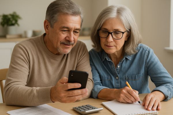 Casal planejando as finanças em casa com ajuda do celular Casal planejando as finanças em casa com ajuda do celular