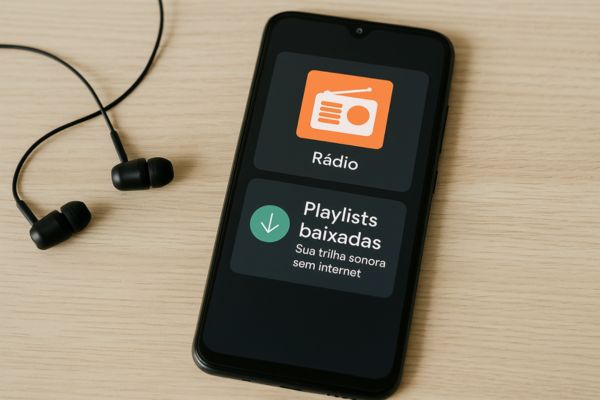 Celular com fones mostrando opções de rádio e playlists offline Celular com fones mostrando opções de rádio e playlists offline