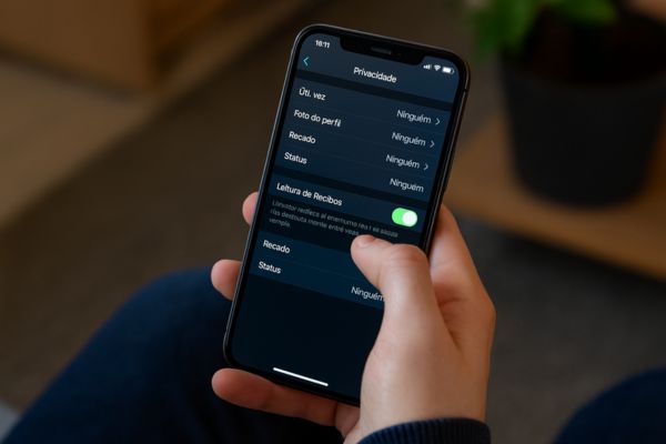 Tela de ajustes de privacidade no WhatsApp sendo configurada no celular