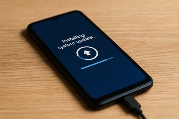 Celular sobre mesa mostrando tela de instalação de atualização do sistema