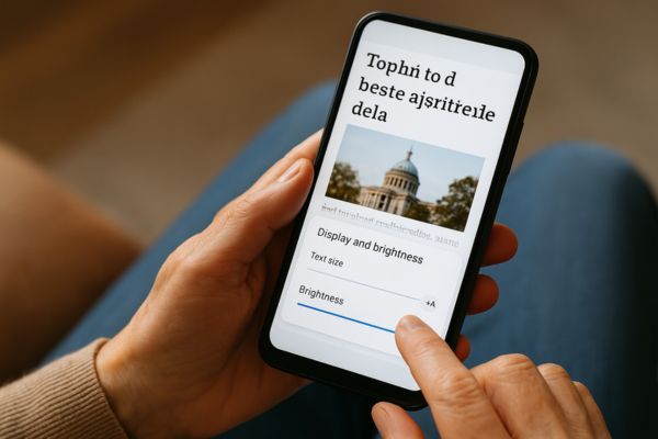 Leitura confortável no celular: ajuste de fonte e brilho Pessoa ajustando tamanho da letra e brilho para ler notícia no celular