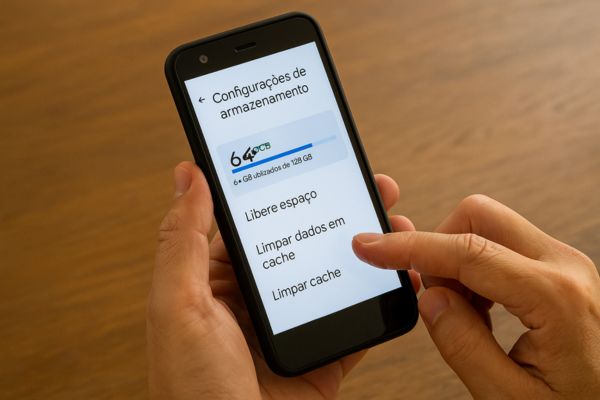 Como liberar espaço no celular sem apagar fotos importantes Celular sendo otimizado para liberar espaço sem apagar fotos