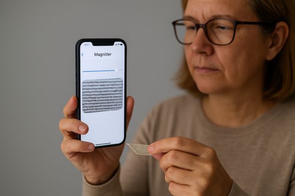 Pessoa usando o celular como lupa para ampliar um rótulo