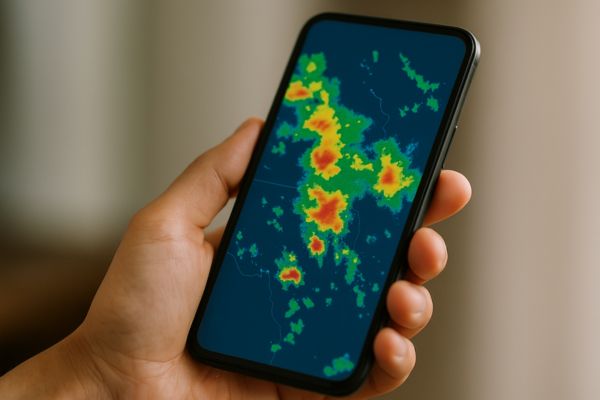 Mapa de radar em aplicativo de previsão do tempo Tela de celular mostrando mapa de radar meteorológico colorido