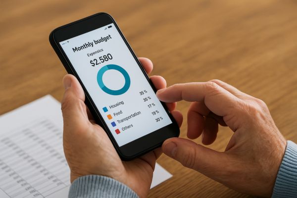 Pessoa conferindo despesas mensais em aplicativo de finanças no celular