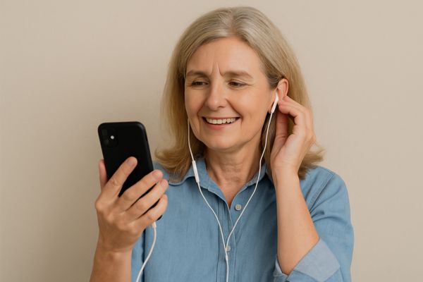 Pessoa madura ouvindo rádio no celular de forma offline