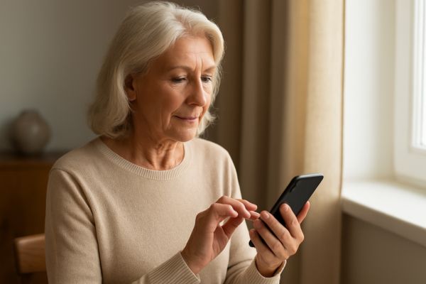 Idosa conferindo alertas de compromissos e medicações no smartphone