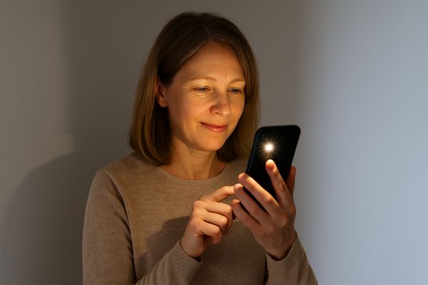 Pessoa usando a lanterna do celular para iluminar um ambiente escuro