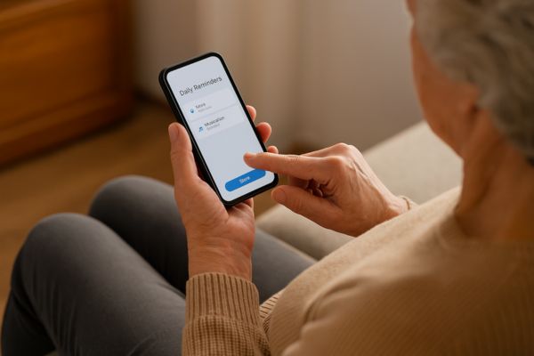 Pessoa usando o celular para organizar lembretes diários de compromissos e remédios