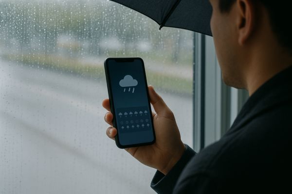 Verificando a previsão de chuva no celular Pessoa segurando celular e verificando previsão de chuva no aplicativo
