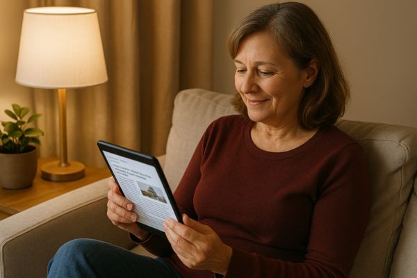 Revista digital com zoom e modo escuro Mulher lendo revista digital no tablet com zoom e modo escuro ativado