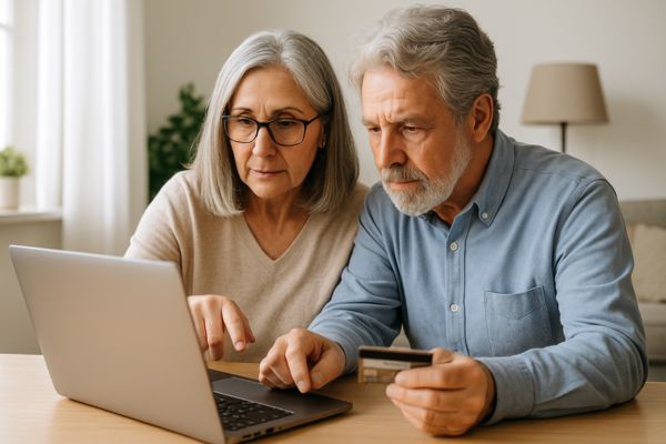 Conferindo site antes da compra Casal maduro verificando site no computador antes de fazer compra
