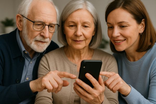 Família ajudando pessoa idosa a checar se uma mensagem é verdadeira no celular
