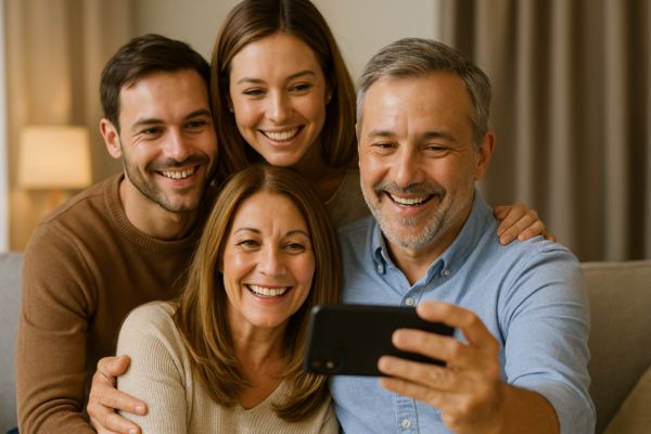 Família de meia-idade sorrindo durante videochamada em grupo pelo celular