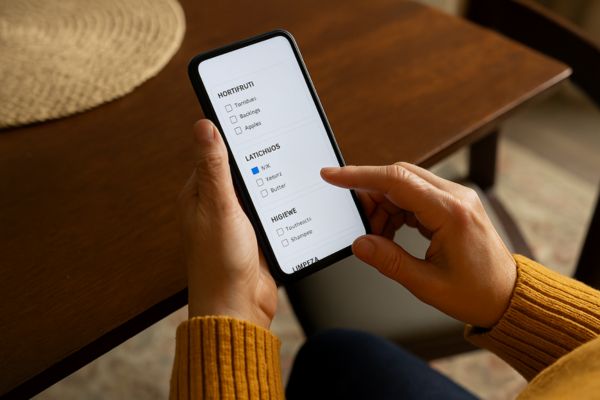 Lista de compras por categorias Lista de compras dividida em categorias como hortifruti, laticínios e limpeza no celular