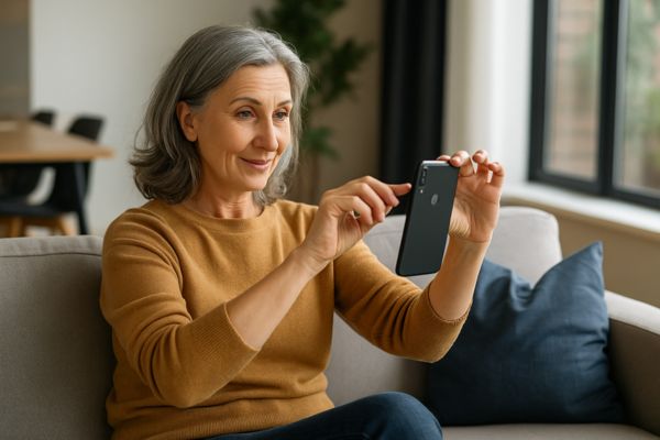 Mulher ajustando o celular e testando a câmera antes de uma videochamada Mulher ajustando o celular e testando a câmera antes de uma videochamada
