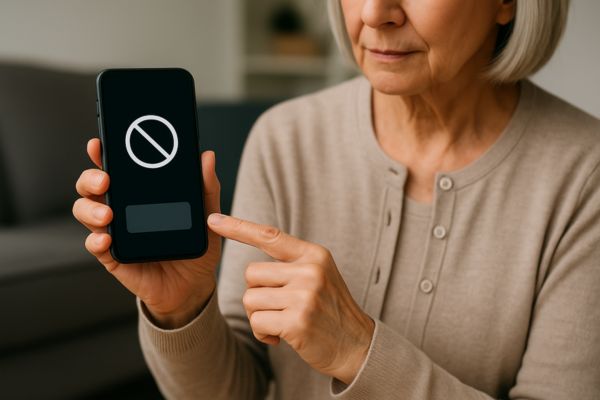 Mulher madura verificando configurações para bloquear chamadas no celular