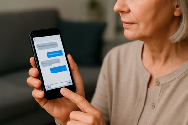 Mulher madura verificando mensagens no celular em ambiente tranquilo