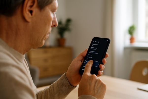 Pessoa adulta ajustando as configurações de segurança do celular antes de sair de casa
