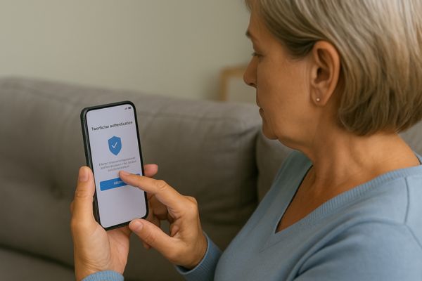 Pessoa adulta configurando a verificação em duas etapas em aplicativo de mensagens no celular