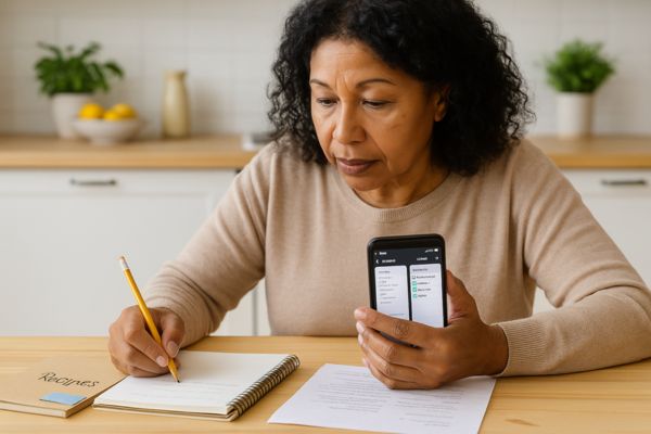 Pessoa adulta organizando receitas e listas de compras no celular