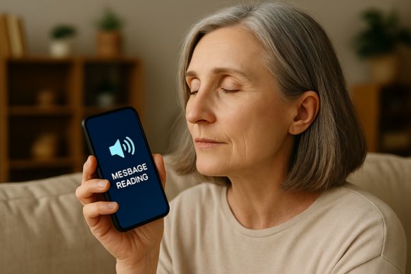 Pessoa adulta ouvindo mensagem sendo lida em voz alta no celular