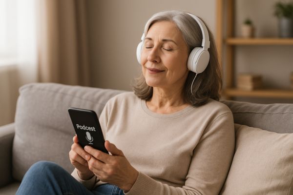 Pessoa ouvindo audiolivro em ambiente tranquilo