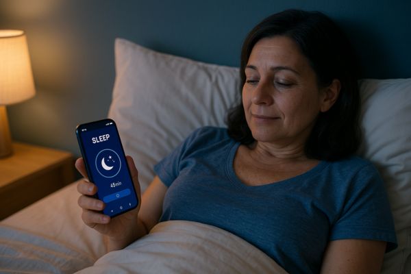 Pessoa adulta relaxando na cama e usando aplicativo de sono no celular