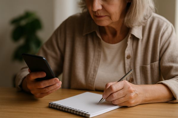 Pessoa adulta revisando senhas no celular e anotando em um caderno em local seguro
