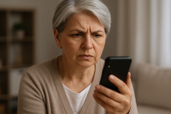 Pessoa madura analisando mensagem no celular com expressão de desconfiança