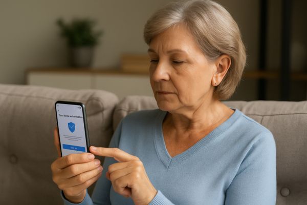 Pessoa madura ativando a verificação em duas etapas no celular