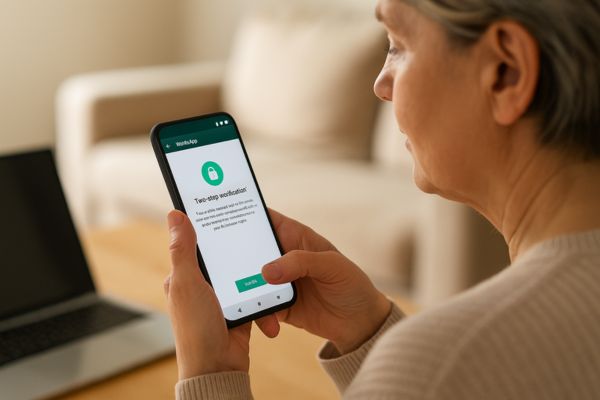 Pessoa madura ativando verificação em duas etapas no WhatsApp