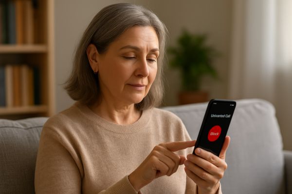 Pessoa madura bloqueando número indesejado no celular