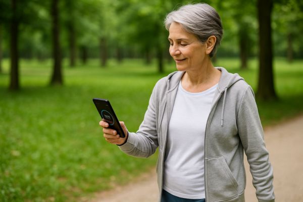 Acompanhando passos no celular Pessoa madura caminhando ao ar livre e verificando aplicativo de passos no celular