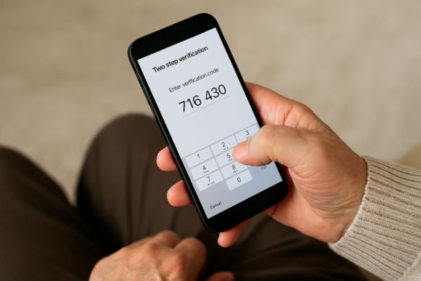 Pessoa madura digitando o código de verificação recebido por SMS no celular