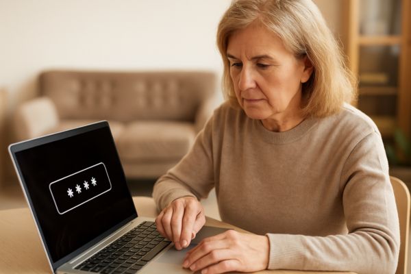 Pessoa madura digitando senha no notebook com atenção e cuidado