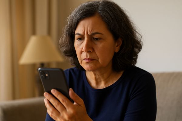 Pessoa madura lendo mensagem suspeita no WhatsApp com expressão de dúvida