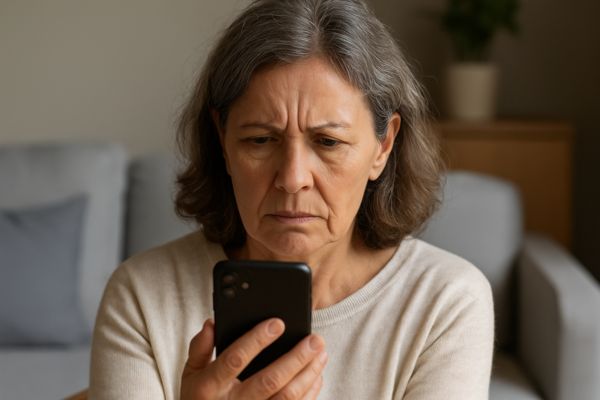 Pessoa madura observando o celular com expressão de preocupação