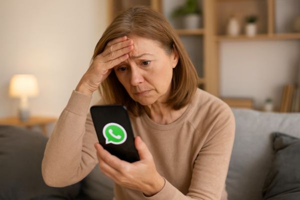 Pessoa madura preocupada olhando o celular após perceber clonagem no WhatsApp