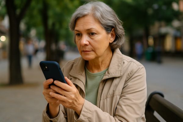 Pessoa madura usando o celular em local público com atenção e segurança
