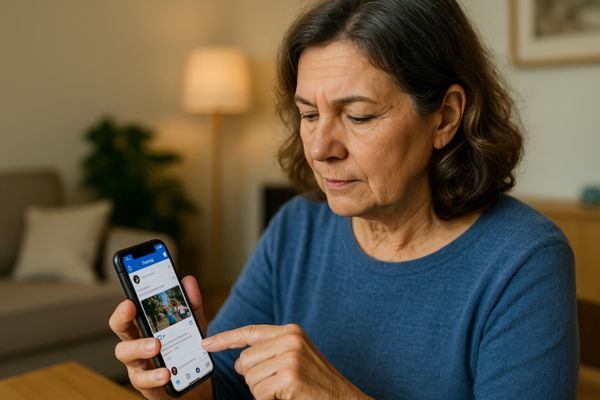 Pessoa madura usando redes sociais no celular com atenção e segurança