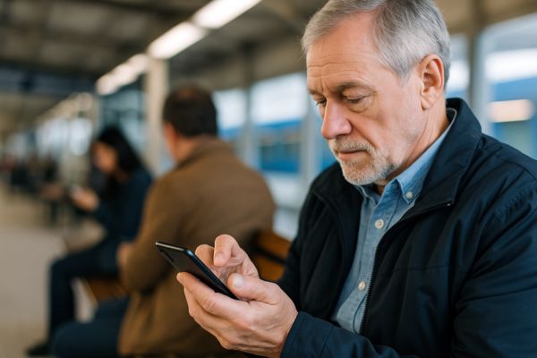 Pessoa madura utilizando o celular discretamente em uma cafeteria pública