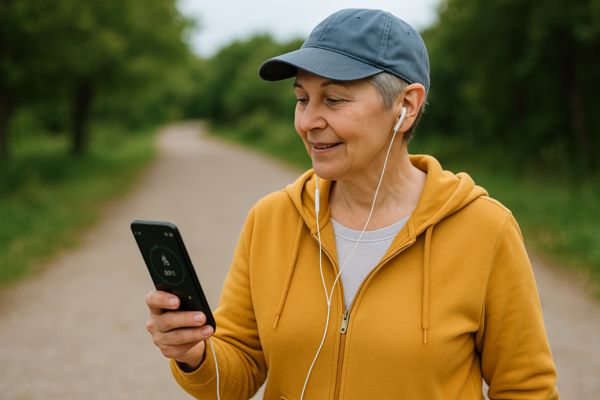 Pessoa madura verificando aplicativo de passos no celular durante caminhada leve