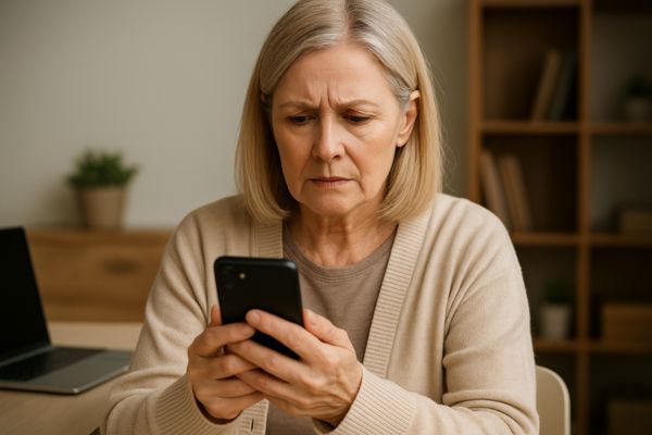 Pessoa madura verificando configurações de privacidade no celular Pessoa madura verificando configurações de privacidade no celular