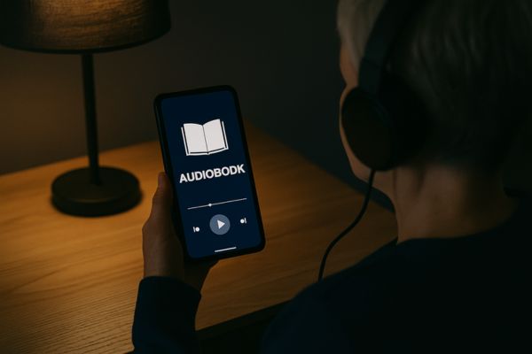 Pessoa adulta ouvindo audiolivro em ambiente tranquilo com celular e fones de ouvido