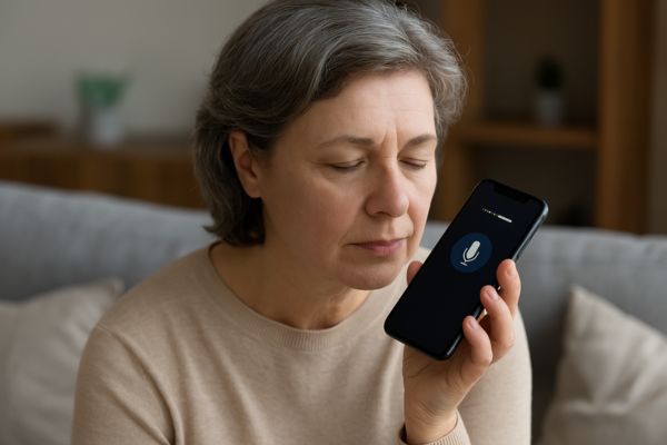 Pessoa adulta ouvindo mensagem narrada por aplicativo de leitura em voz alta no celular