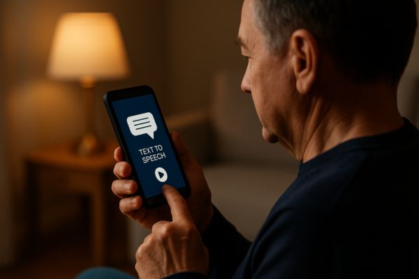 Pessoa adulta usando aplicativo de leitura por voz no celular
